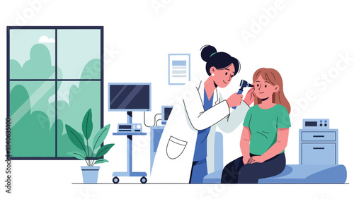 Doctor checking patient’s ear with otoscope. Flat vector illustration for ear examination, diagnosis, ENT services, and modern healthcare