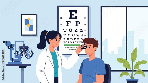Doctor conducting vision test using letter chart. Flat vector illustration for eye exam, vision care, optometry, and clinical diagnostics