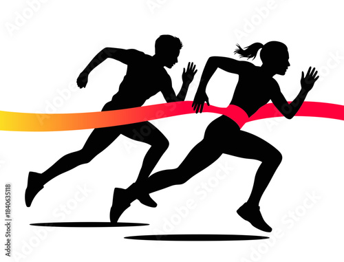 A set of silhouettes, a man and a woman crossing the red ribbon