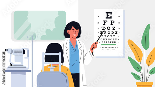Doctor conducting vision test using letter chart. Flat vector illustration for eye exam, vision care, optometry, and clinical diagnostics