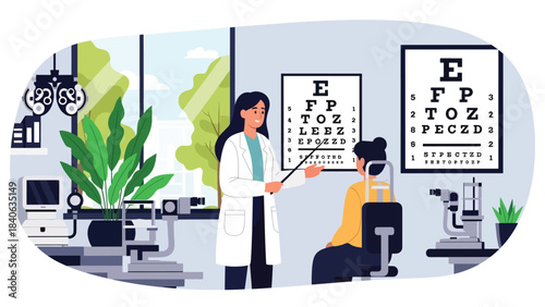 Doctor conducting vision test using letter chart. Flat vector illustration for eye exam, vision care, optometry, and clinical diagnostics