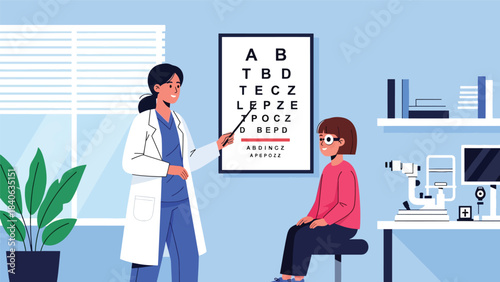 Doctor conducting vision test using letter chart. Flat vector illustration for eye exam, vision care, optometry, and clinical diagnostics