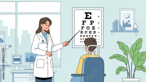 Doctor conducting vision test using letter chart. Flat vector illustration for eye exam, vision care, optometry, and clinical diagnostics