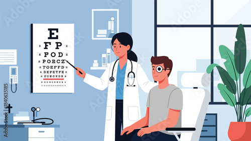 Doctor conducting vision test using letter chart. Flat vector illustration for eye exam, vision care, optometry, and clinical diagnostics