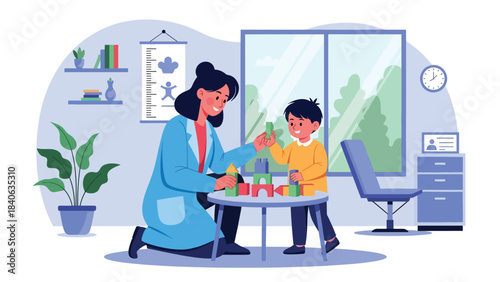 Pediatrician comforting child patient during check-up. Flat vector pediatric health illustration for family care, clinic visits, and child wellness