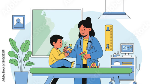 Pediatrician comforting child patient during check-up. Flat vector pediatric health illustration for family care, clinic visits, and child wellness