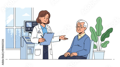 Doctor giving health explanation to elderly patient in clinic. Flat vector illustration for senior care, consultation, and medical communication