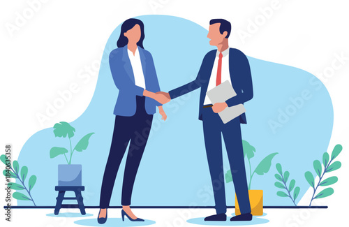 Businessman and businesswoman handshake - Man and woman shaking hands over deal and agreement in office smiling and greeting. Flat design vector stock illustration with white background.