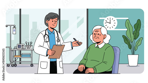 Doctor giving health explanation to elderly patient in clinic. Flat vector illustration for senior care, consultation, and medical communication