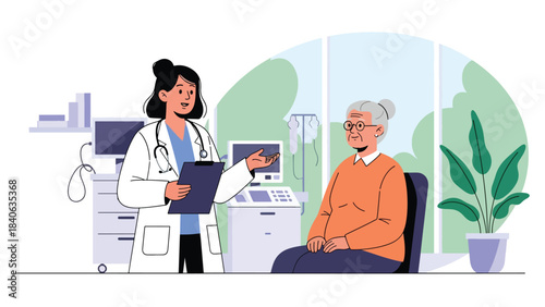 Doctor giving health explanation to elderly patient in clinic. Flat vector illustration for senior care, consultation, and medical communication