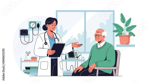Doctor giving health explanation to elderly patient in clinic. Flat vector illustration for senior care, consultation, and medical communication