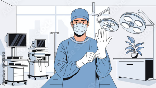 Surgeon preparing for operation with gloves and mask. Flat vector medical illustration for surgery, operation room, and hospital procedures