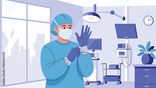 Surgeon preparing for operation with gloves and mask. Flat vector medical illustration for surgery, operation room, and hospital procedures