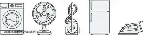 Line art illustration of common household appliances arranged in a simple horizontal row