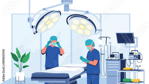 Surgeon preparing for operation with gloves and mask. Flat vector medical illustration for surgery, operation room, and hospital procedures