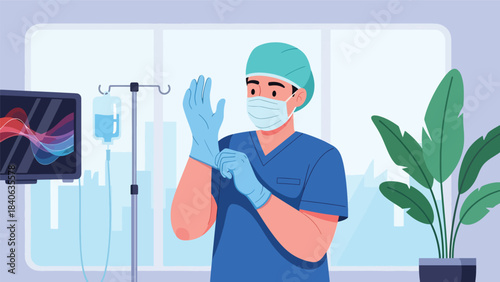 Surgeon preparing for operation with gloves and mask. Flat vector medical illustration for surgery, operation room, and hospital procedures