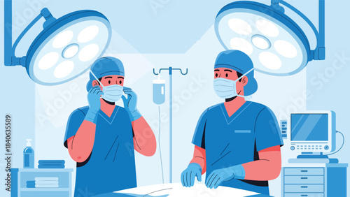 Surgeon preparing for operation with gloves and mask. Flat vector medical illustration for surgery, operation room, and hospital procedures