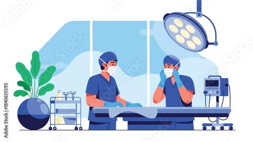 Surgeon preparing for operation with gloves and mask. Flat vector medical illustration for surgery, operation room, and hospital procedures