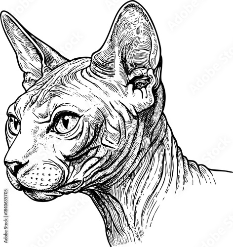 Detailed Sphynx cat illustration showcasing distinctive wrinkled skin and large expressive ears. Sphynx cat head profile highlights unique facial features, delicate whiskers, and intense gaze.