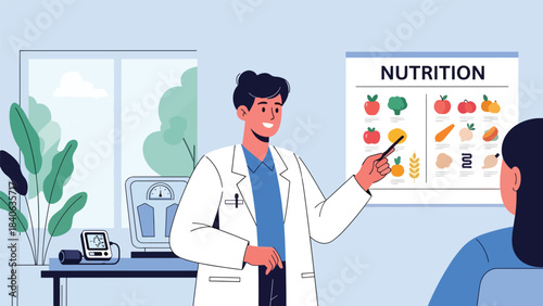 Dietician giving nutrition advice with food chart. Flat vector illustration for healthy eating, wellness consultation, and diet planning