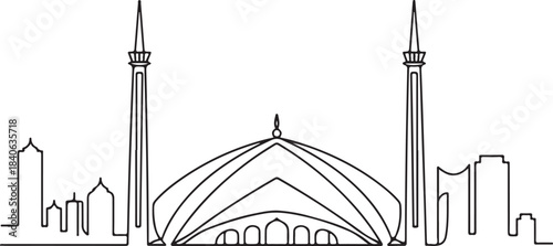 Continuous Line Art of Islamabad Skyline with Faisal Mosque Minimal Outline Illustration