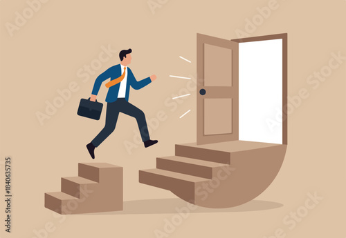 Career opportunity, doorway to success, solution or hope for aspiration, entering opening door for new career chance, possibility concept, businessman walk staircase to find opening opportunity door.
