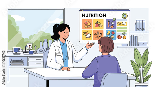 Dietician giving nutrition advice with food chart. Flat vector illustration for healthy eating, wellness consultation, and diet planning