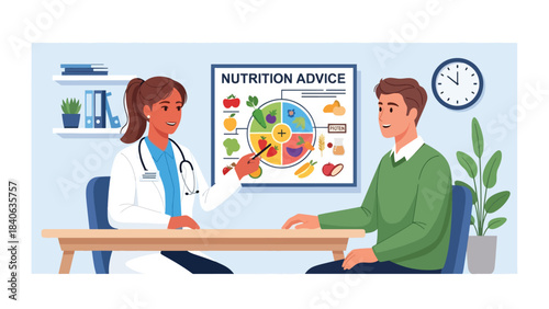Dietician giving nutrition advice with food chart. Flat vector illustration for healthy eating, wellness consultation, and diet planning