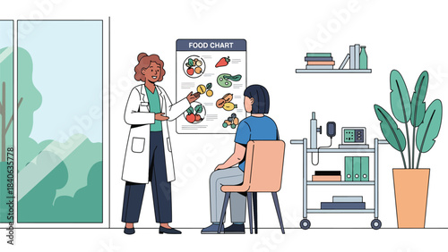 Dietician giving nutrition advice with food chart. Flat vector illustration for healthy eating, wellness consultation, and diet planning