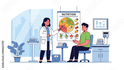 Dietician giving nutrition advice with food chart. Flat vector illustration for healthy eating, wellness consultation, and diet planning