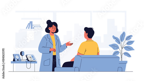 Therapist speaking with patient in calm mental health session. Flat vector illustration for psychology, counseling, and emotional support