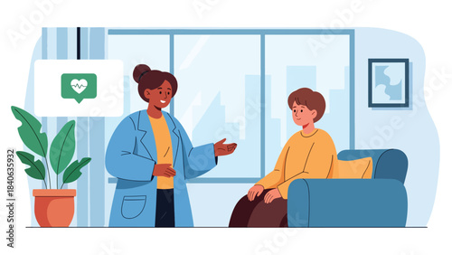 Therapist speaking with patient in calm mental health session. Flat vector illustration for psychology, counseling, and emotional support