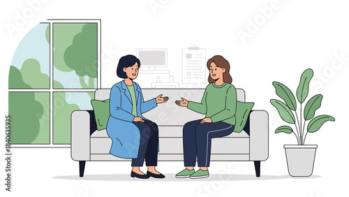 Therapist speaking with patient in calm mental health session. Flat vector illustration for psychology, counseling, and emotional support