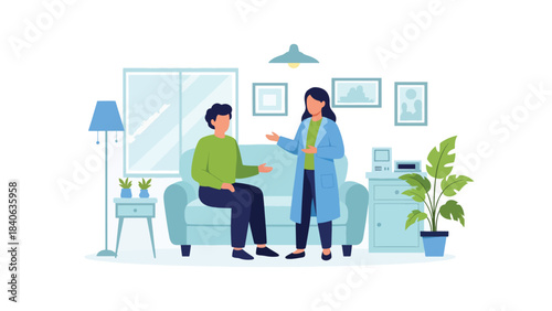 Therapist speaking with patient in calm mental health session. Flat vector illustration for psychology, counseling, and emotional support
