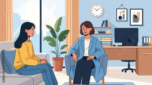 Therapist speaking with patient in calm mental health session. Flat vector illustration for psychology, counseling, and emotional support