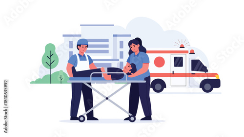 Ambulance staff assisting patient on stretcher. Flat vector emergency care illustration for rescue, paramedic services, and medical response