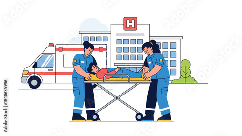 Ambulance staff assisting patient on stretcher. Flat vector emergency care illustration for rescue, paramedic services, and medical response