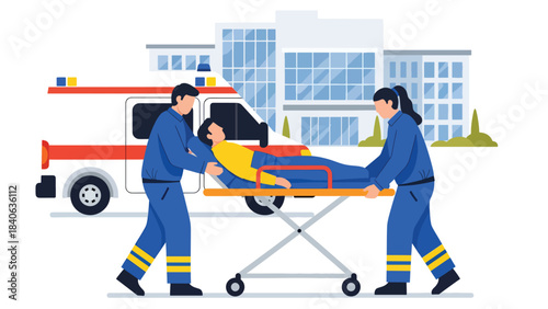Ambulance staff assisting patient on stretcher. Flat vector emergency care illustration for rescue, paramedic services, and medical response