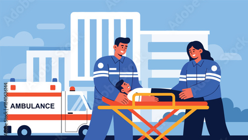 Ambulance staff assisting patient on stretcher. Flat vector emergency care illustration for rescue, paramedic services, and medical response
