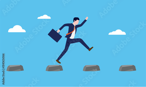 Businessman challenge - Determined and ambitious business person jumping over obstacle stepping stones with ambition of going forward overcome work problem. Flat design vector illustration