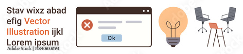 Error notifications, creative thinking, office setup, teamwork, workspace ideas, UI designs. Browser window showing error message, light bulb chairs and desk. Error notifications and creative
