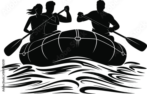 People white water rafting silhouette, extreme sport, inflatable boat, river waves, outdoor adventure activity
