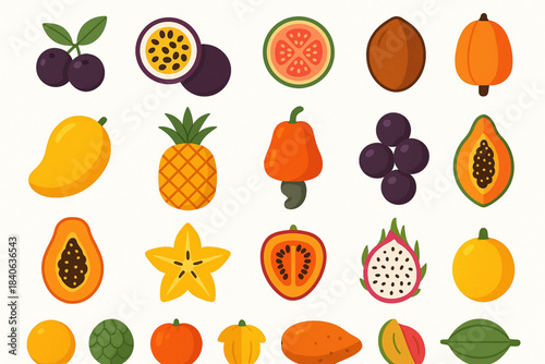 Brazilian tropical fruit vector grid with açaí passion fruit guava cupuaçu mango pineapple cashew jabuticaba papaya and cacao