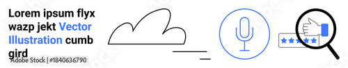 Digital transformation, cloud technology, artificial intelligence, voice recognition, online reputation, data analysis. Minimalist icons of cloud, microphone and review evaluation. Cloud technology