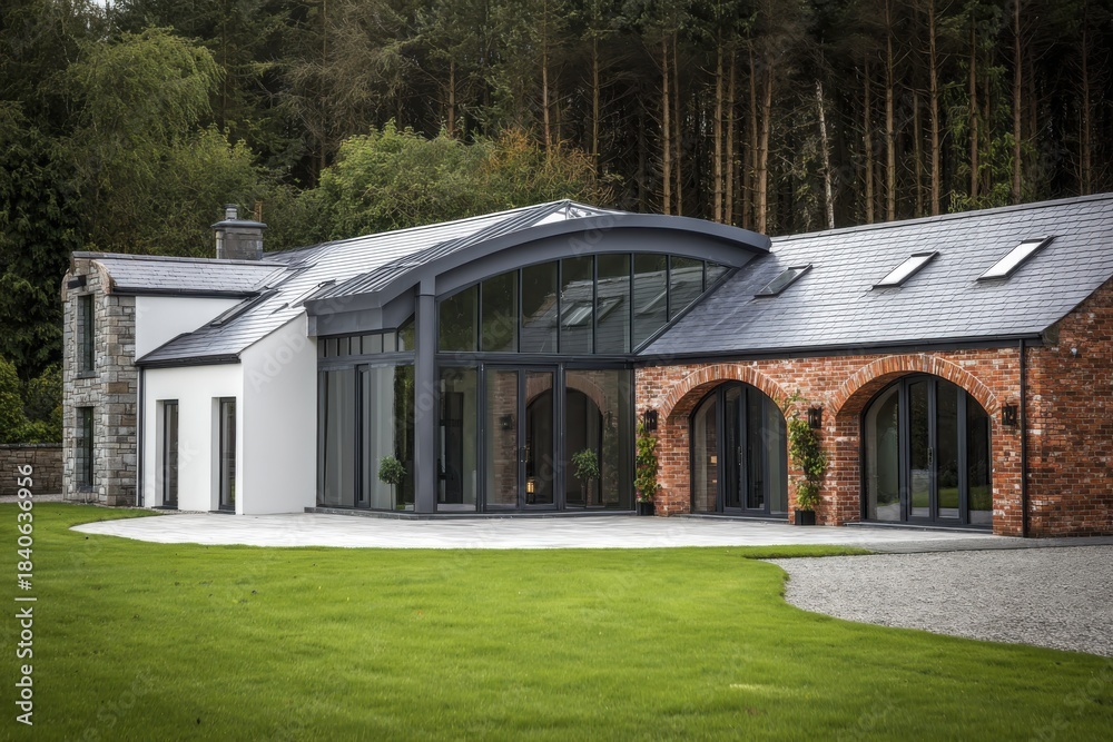 Obraz premium Modern house with large windows and stone detailing set in a green lawn surrounded by trees on a clear day showcasing architectural design and integration with nature