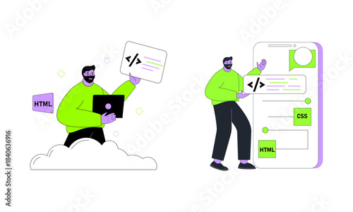 Man Explaining Web programming. Male showing screen computer programmer software coding language.