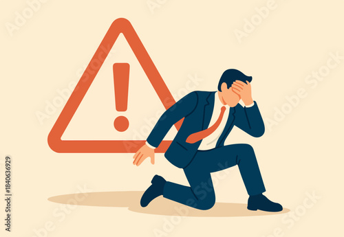 Caution or mistake attention, risk alarm with exclamation point symbol, error or failure warning, bankruptcy notice alert, problem attention concept, frustrated businessman fall under attention sign