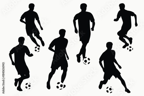 Silhouettes of six soccer players in action with footballs on a white background