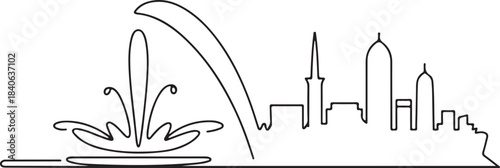 Continuous Line Art of Jeddah Skyline with King Fahd Fountain Splash Arc Minimal Outline Illustration