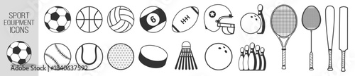 Sport equipment icons, ball collection, soccer, basketball, football, tennis, volleyball, baseball, cricket, hockey, golf, bowling, minimalist vector set on transparent background